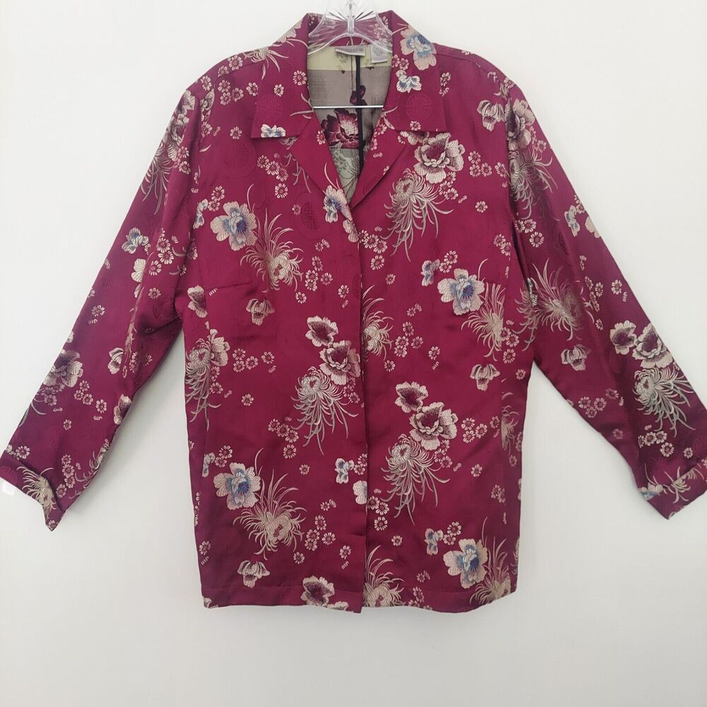 Chicos Satin Blazer Magenta Gold  Jacket Size 2 /Large Brocade Jacquard  Buttons